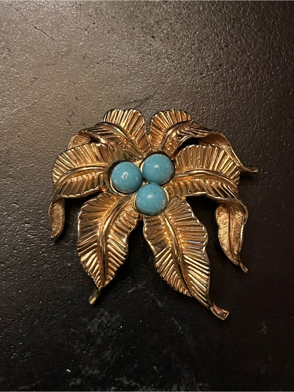 Vintage Gold Leaf Brooch with Turquoise Blue Cabochons